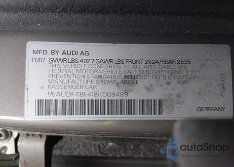 2008 Audi A4 2.0T from USA, damaged, VIN WAUDF48H48K009489